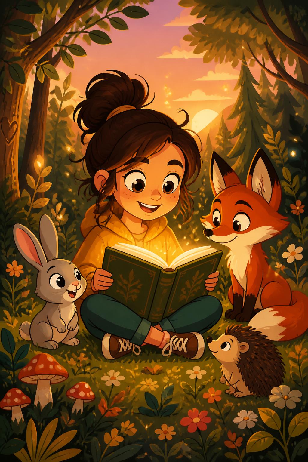Meisje leest een gloeiend boek in een magisch bos met lantaarns en vriendelijke dieren